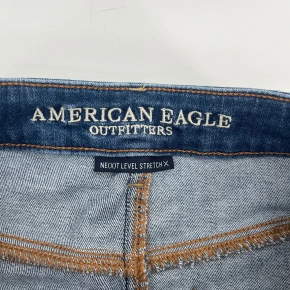 American Eagle Stretch Zipper High Rise Mini Jean Skirt Denim Frayed Hem Size 4 - Picture 4 of 7